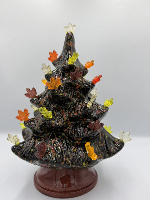 11 inch speckled brown ceramic harvest tree with orange, red, and gold maple leaf bulbs