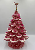 Pink speckled ceramic Christmas tree with white branch edges, pink accents, and a flamingo topper