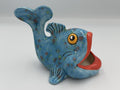 Sky blue speckled ceramic fish scrubby holder with amber eye and wide red open mouth