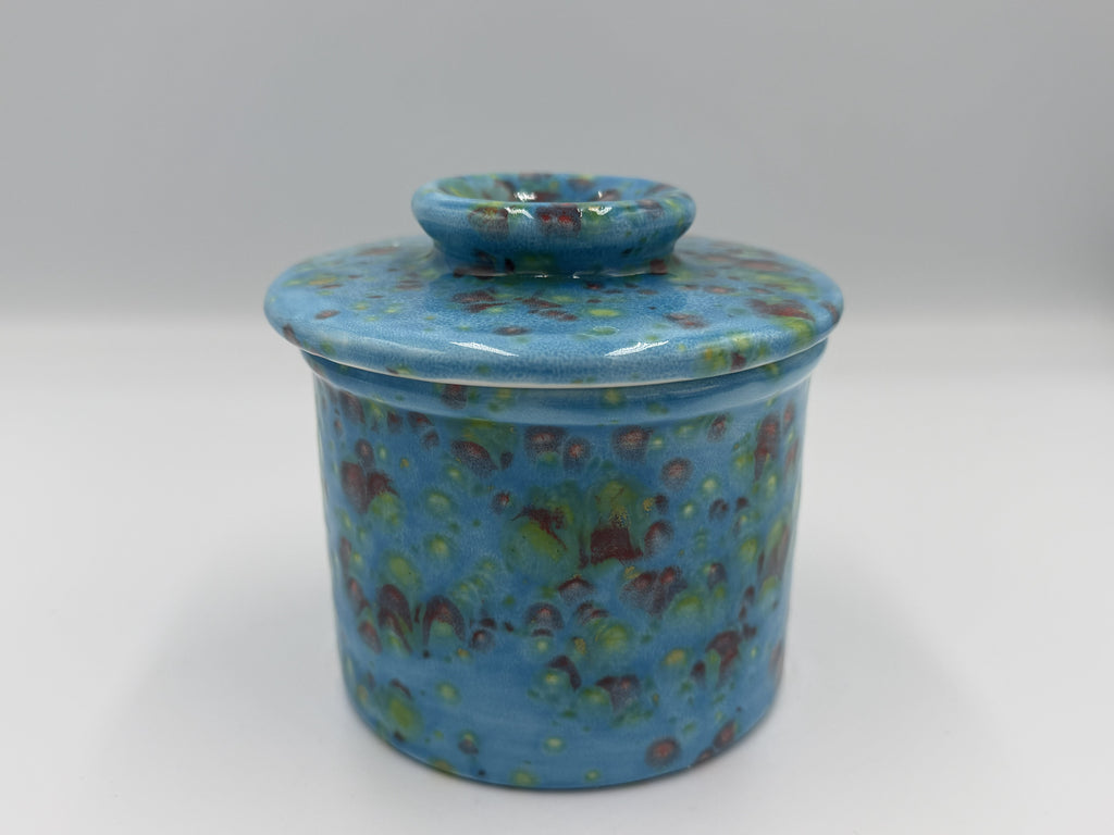 Sky blue speckled ceramic butter bell with lid closed