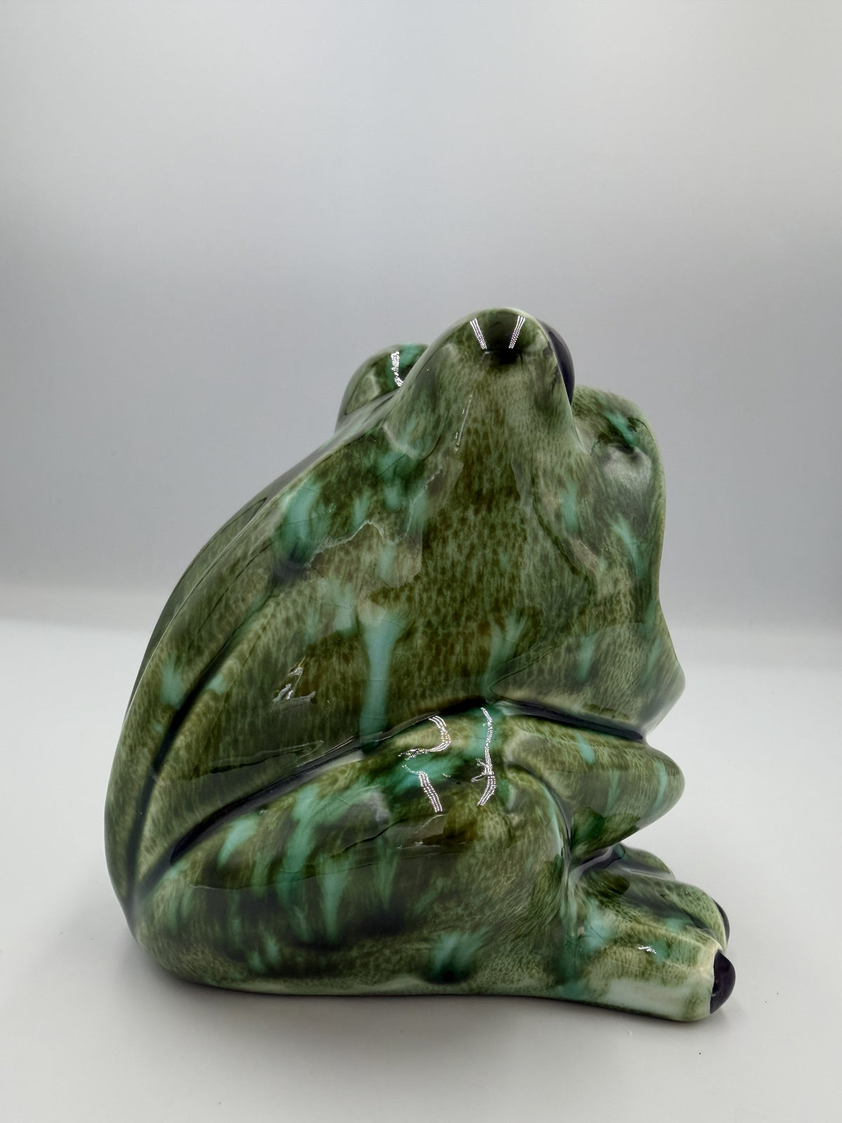 Side view of green speckled ceramic frog scrubby holder