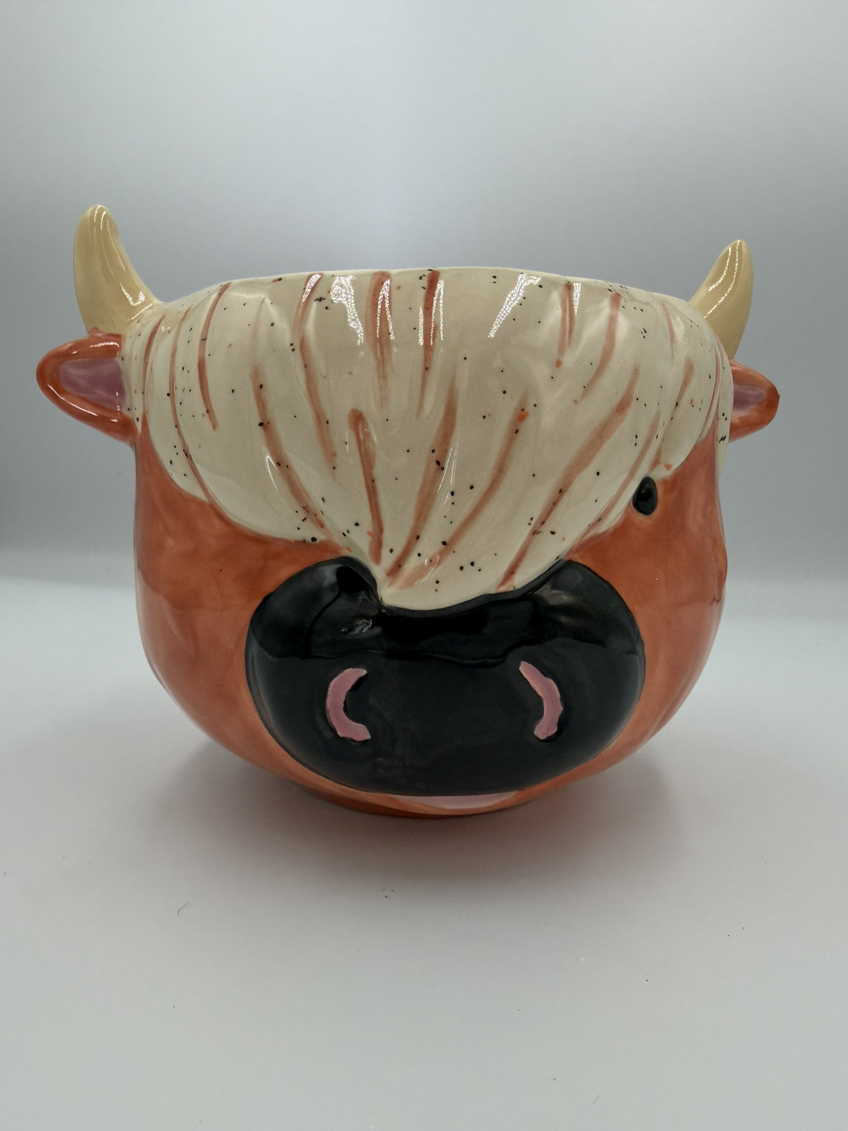 Ceramic highland cow planter with orange face, shaggy cream fringe, black nose, and horns